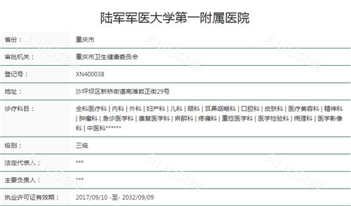 陆军***大学***附属医院（重庆西南医院）卫健委资质截图